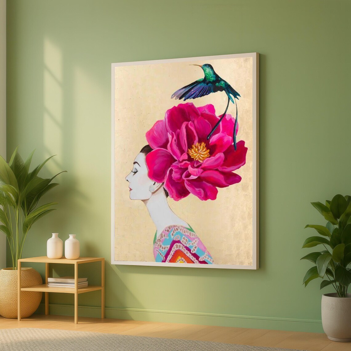 Elegant Woman Profile Pink Peony Flower Hummingbird Art Poster