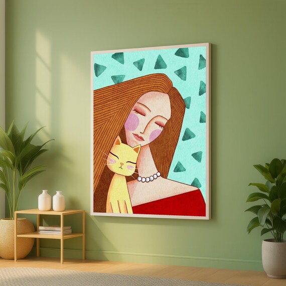 Whimsical Woman With Yellow Cat Modern Folk Portrait Wall Art