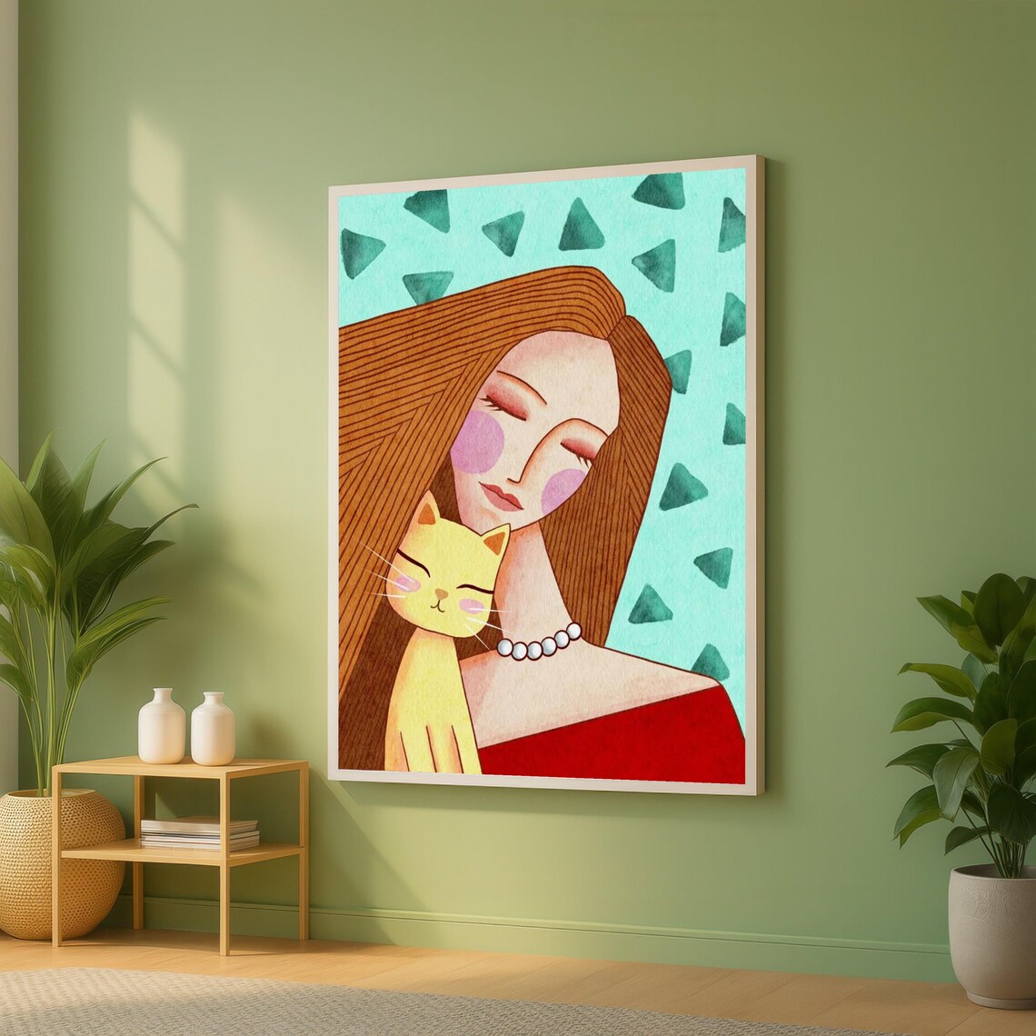 Whimsical Woman With Yellow Cat Modern Folk Portrait Wall Art