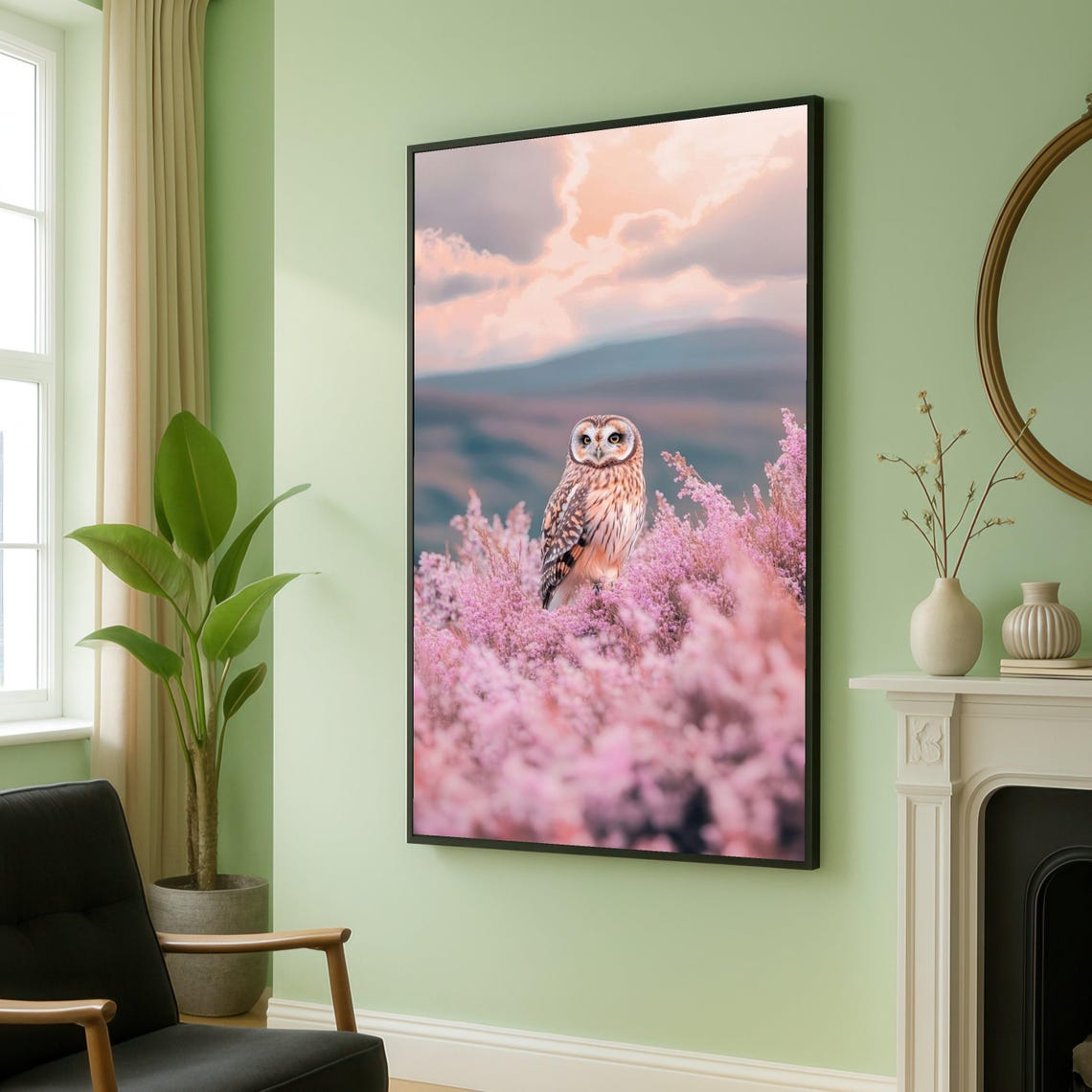 Serene White Owl Pink Heather Misty Forest Wildlife Art Poster