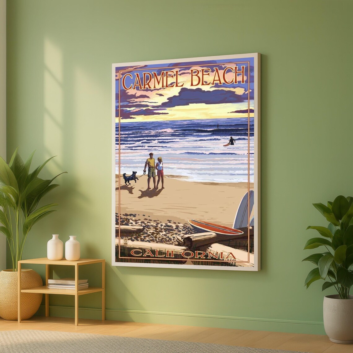 Carmel Beach California Sunset Surfers Vintage Travel Poster