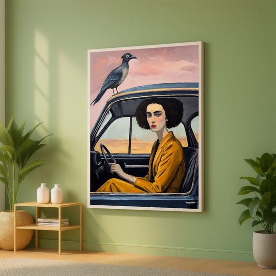 Woman In Yellow Suit Driving Vintage Car Canvas Crow On Roof Modern Portrait Wall Art Rebecca Aldernet Surreal Desert Scene