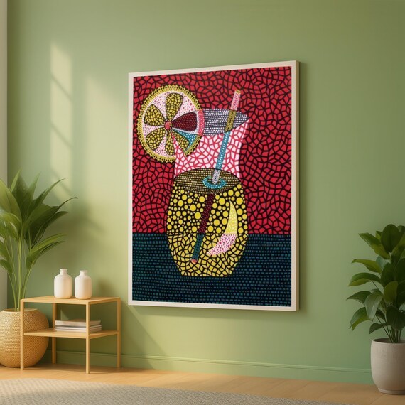 Yayoi Kusama Colorful Beverage Wall Art Abstract Pop Drink Canvas Modern Geometric Home Decor Illustration