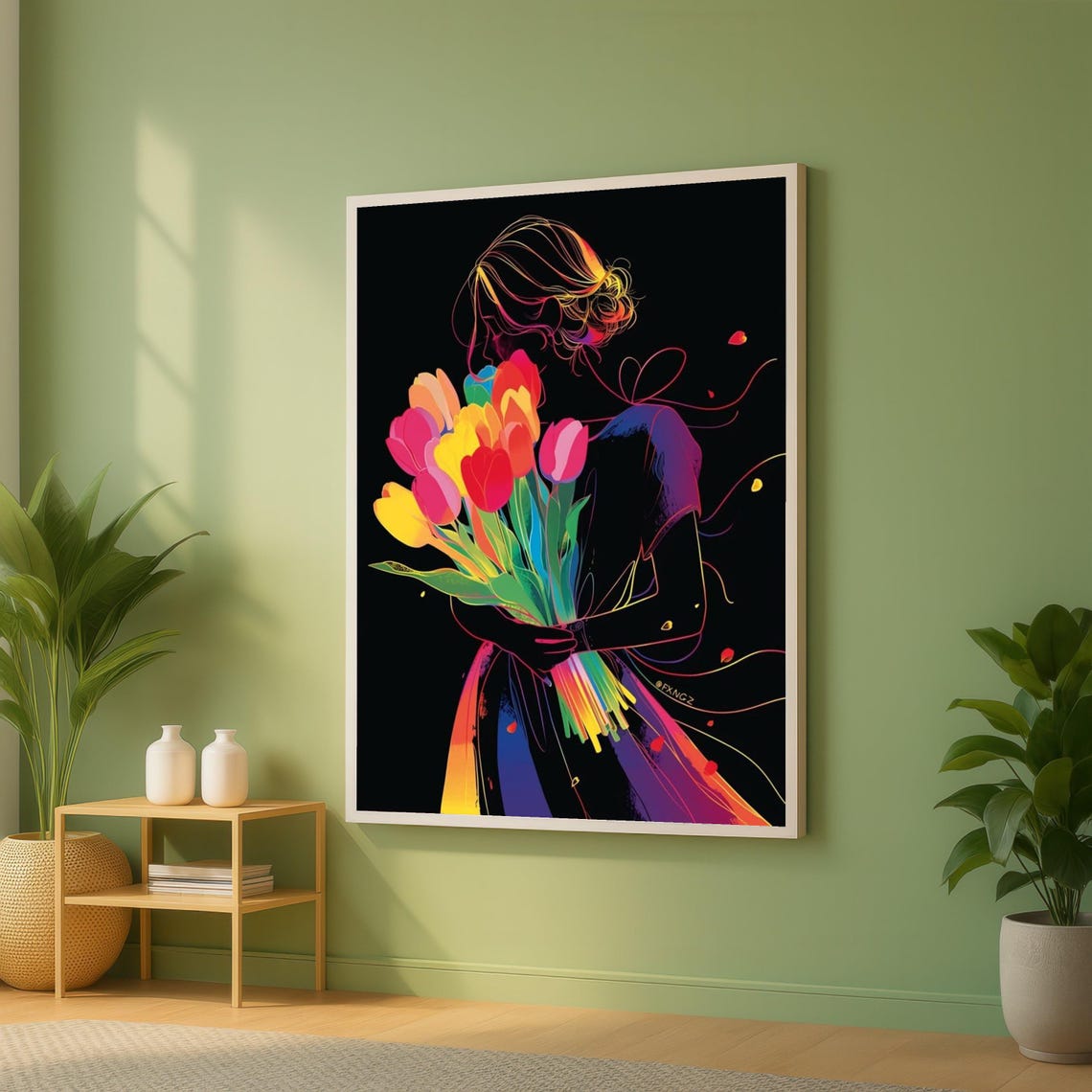 Neon Woman Silhouette Rainbow Tulip Bouquet On Black Wall Art