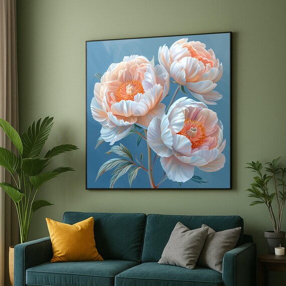Soft Peach Peony Blossom Flowers On Calm Blue Botanical Art Poster