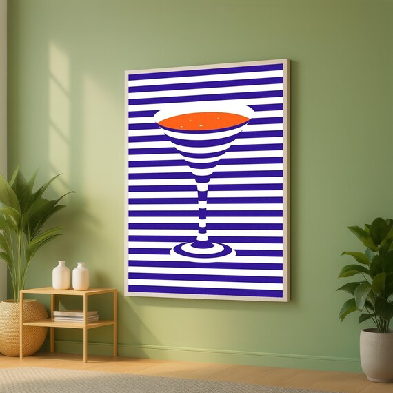Abstract Glass Canvas Blue White Stripes Wall Art Modern Bar Decor Minimalist Cocktail Illustration Vibrant Home Decoration