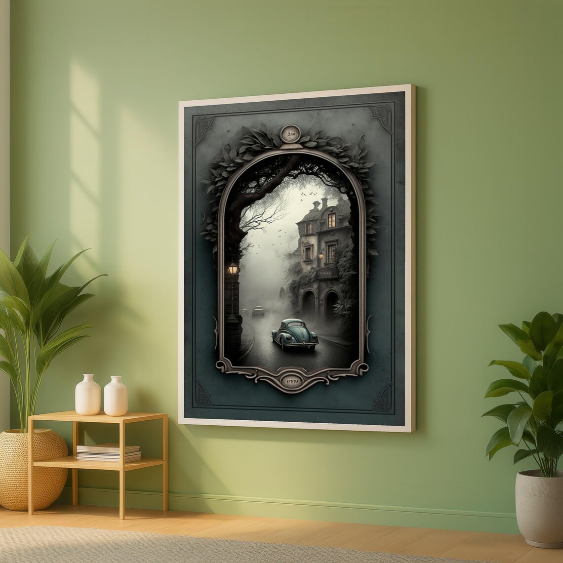 Gothic Vintage Beetle Driving Through a Foggy Night Street Art Poster
