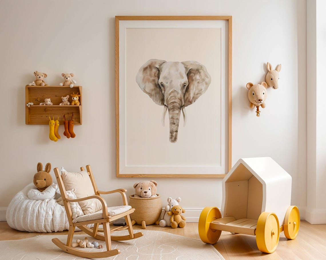 Watercolor Elephant Head Soft Beige Nursery Animal Decor Poster - Image 3