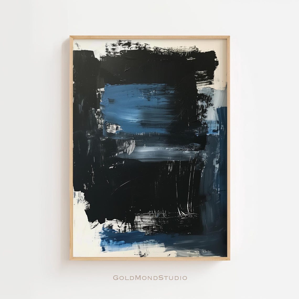 Dramatic Black and Cobalt Blue Gestural Abstract Painting Poster