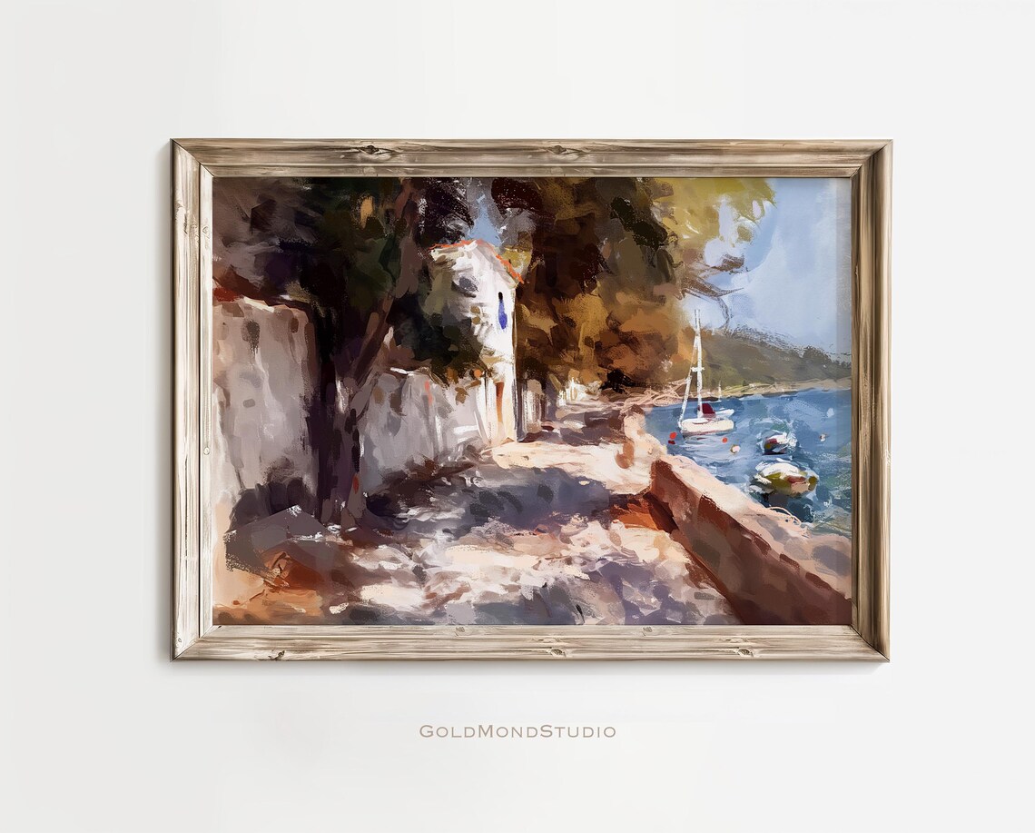Mediterranean Coastal Promenade Harbor Sailboat Painting Poster