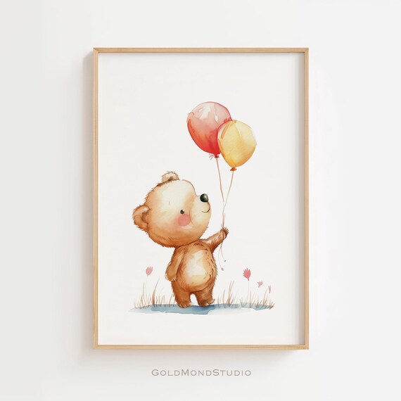 Watercolor Bear Cub Holding Balloons Cute Nursery Art Poster