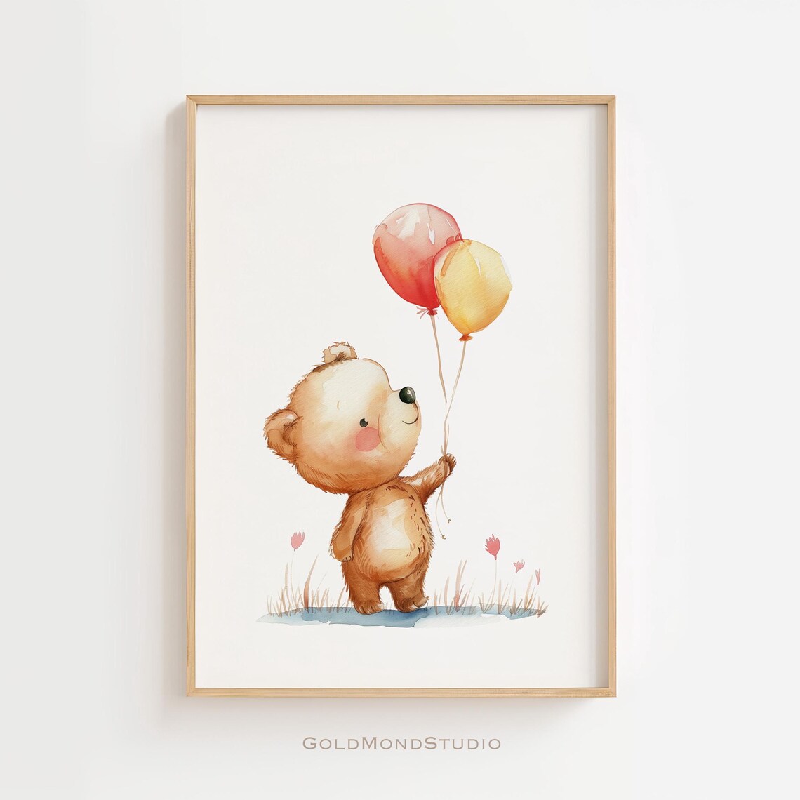 Watercolor Bear Cub Holding Balloons Cute Nursery Art Poster