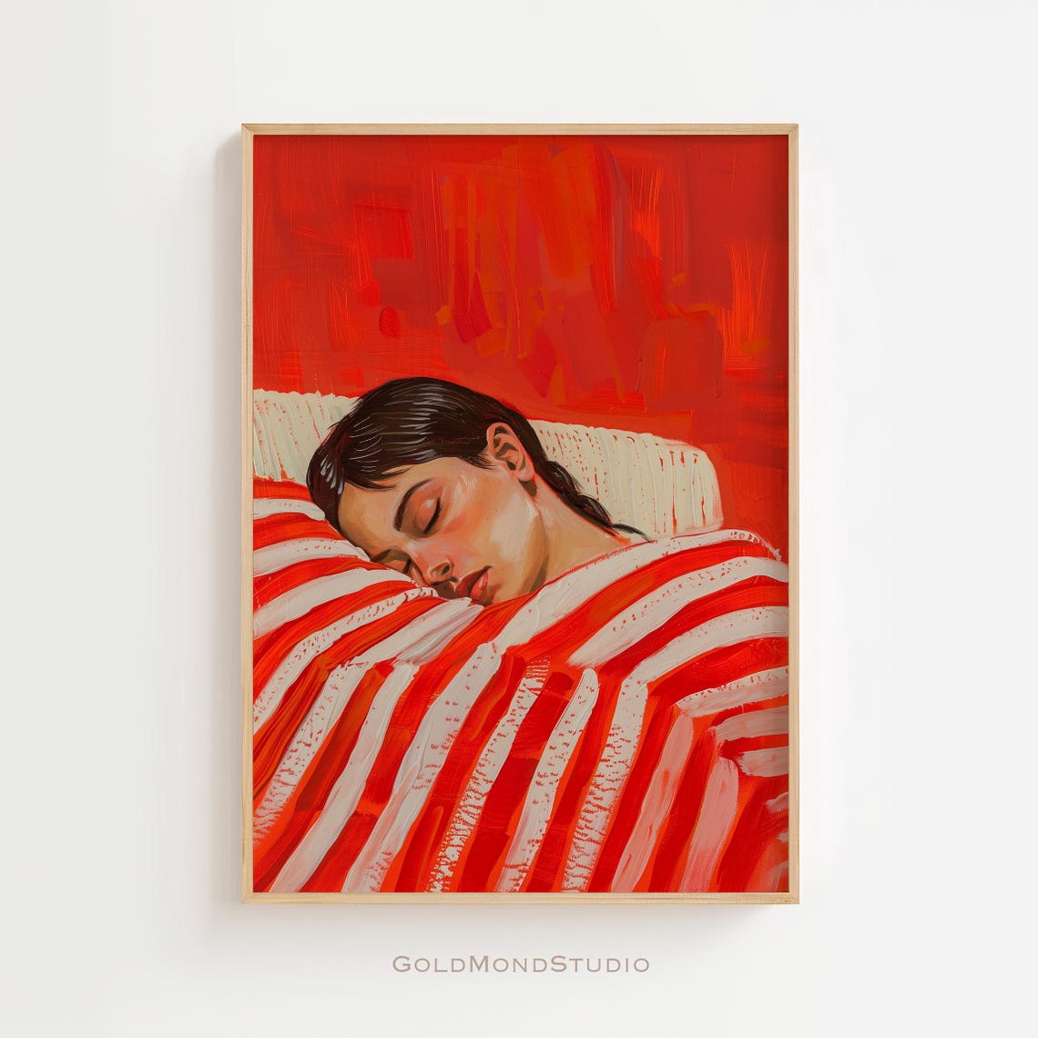 Sleeping Woman Under a Bold Red and White Striped Blanket Poster