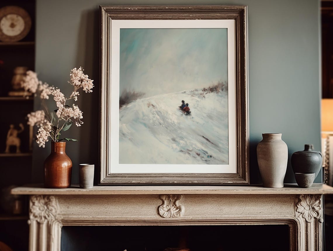 Joyful Two Children Sledding Down Snowy Hill Painting Poster - Image 3