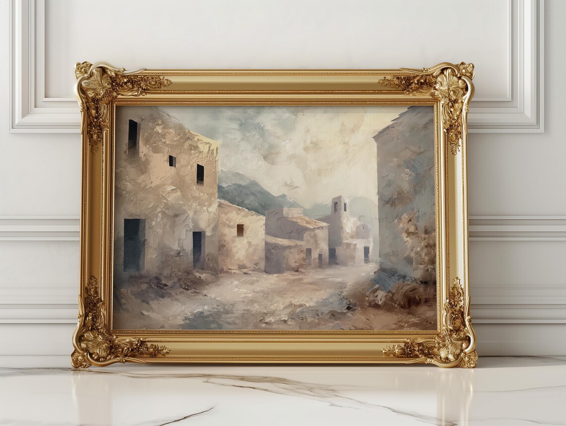 Sunlit Mediterranean Stone Village Street Vintage Painting Poster - Image 2