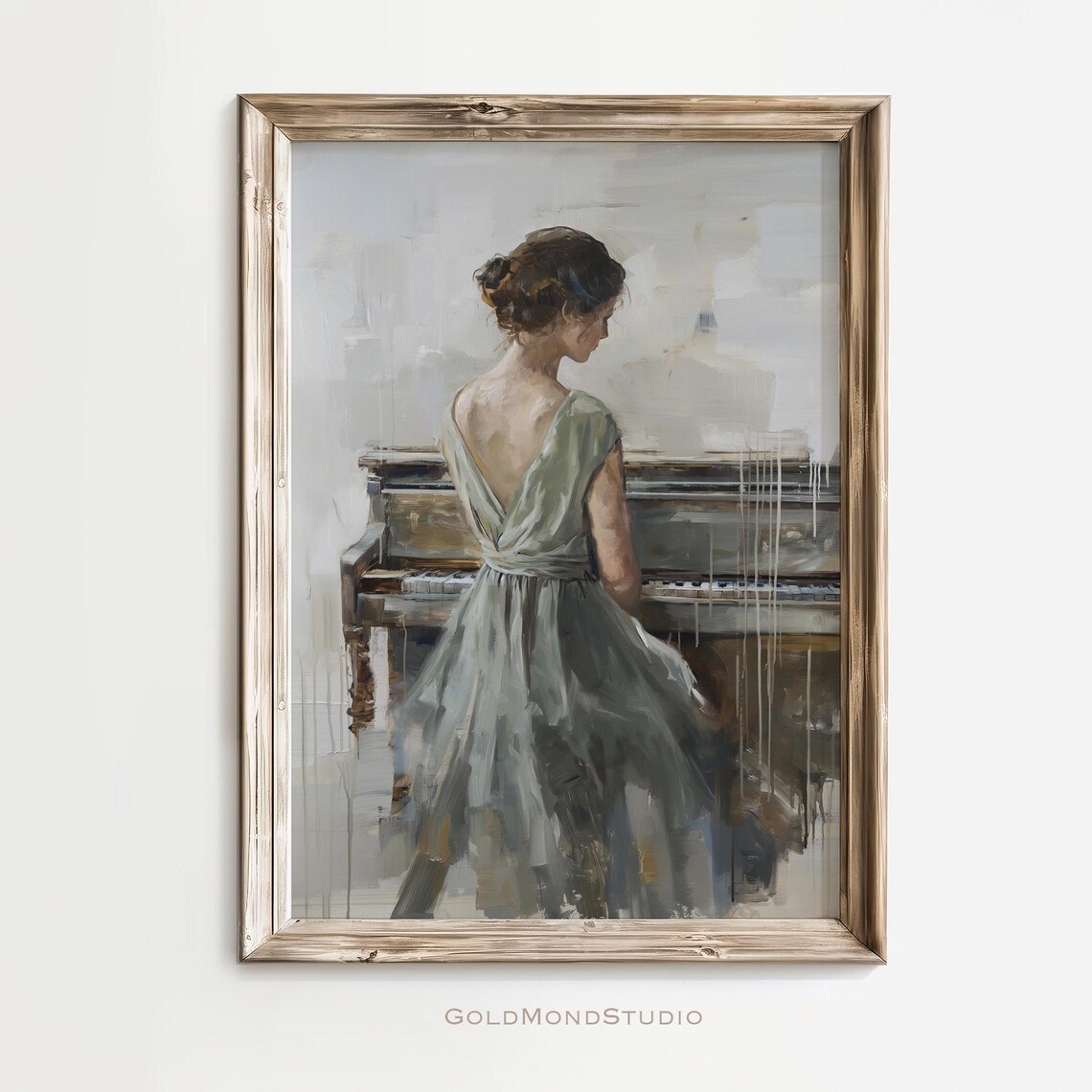 Graceful Woman In Sage Green Dress Beside Piano Painting Poster