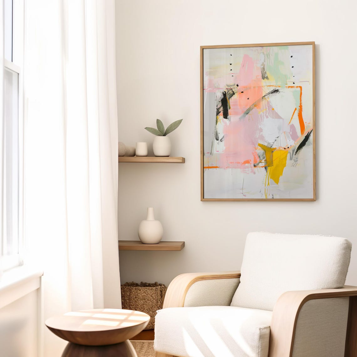Pastel Pink Orange Black Abstract Brushstroke Modern Art Poster - Image 3