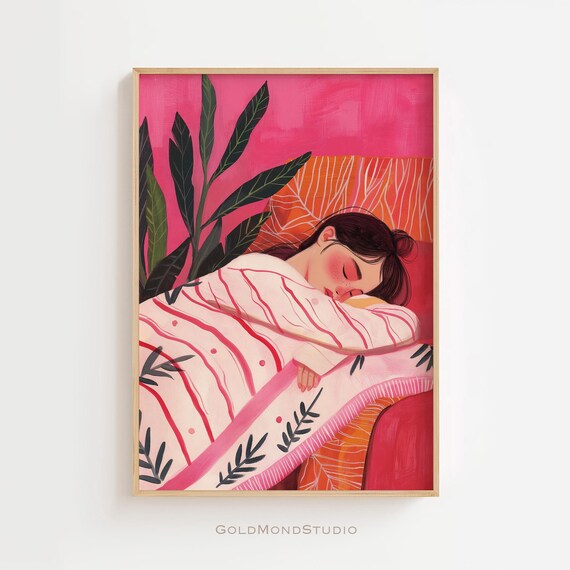 Sleeping Woman In Pink Striped Pajamas Leafy Botanical Poster