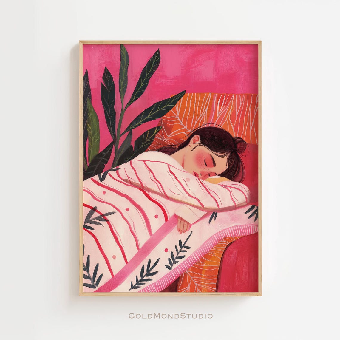 Sleeping Woman In Pink Striped Pajamas Leafy Botanical Poster