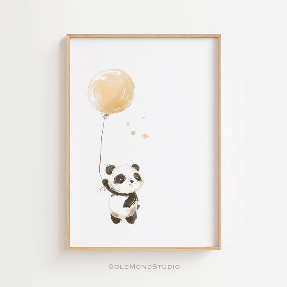 Floating Baby Panda with a Beige Balloon in Soft Watercolor Poster