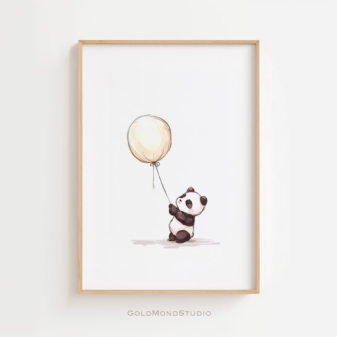 Baby Panda Holding a Cream Balloon in Minimal Watercolor Style Poster