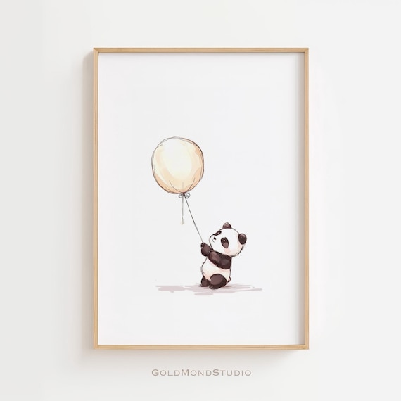 Baby Panda Holding a Cream Balloon in Minimal Watercolor Style Poster