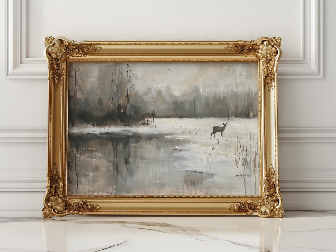 Solitary Deer By A Frozen Lake In Snowy Forest Painting Poster - Image 2