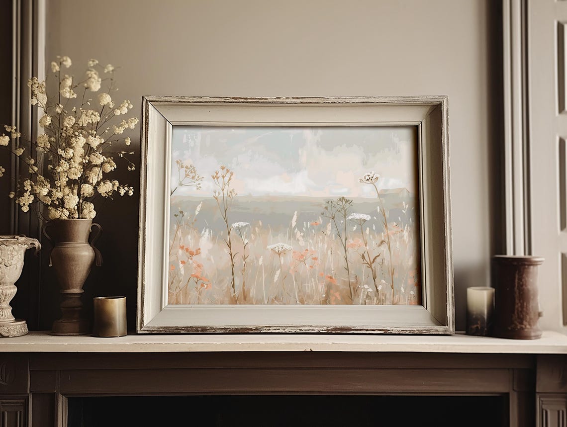 Soft Wildflower Meadow Beige Vintage Style Landscape Wall Poster