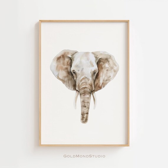Watercolor Elephant Head Soft Beige Nursery Animal Decor Poster