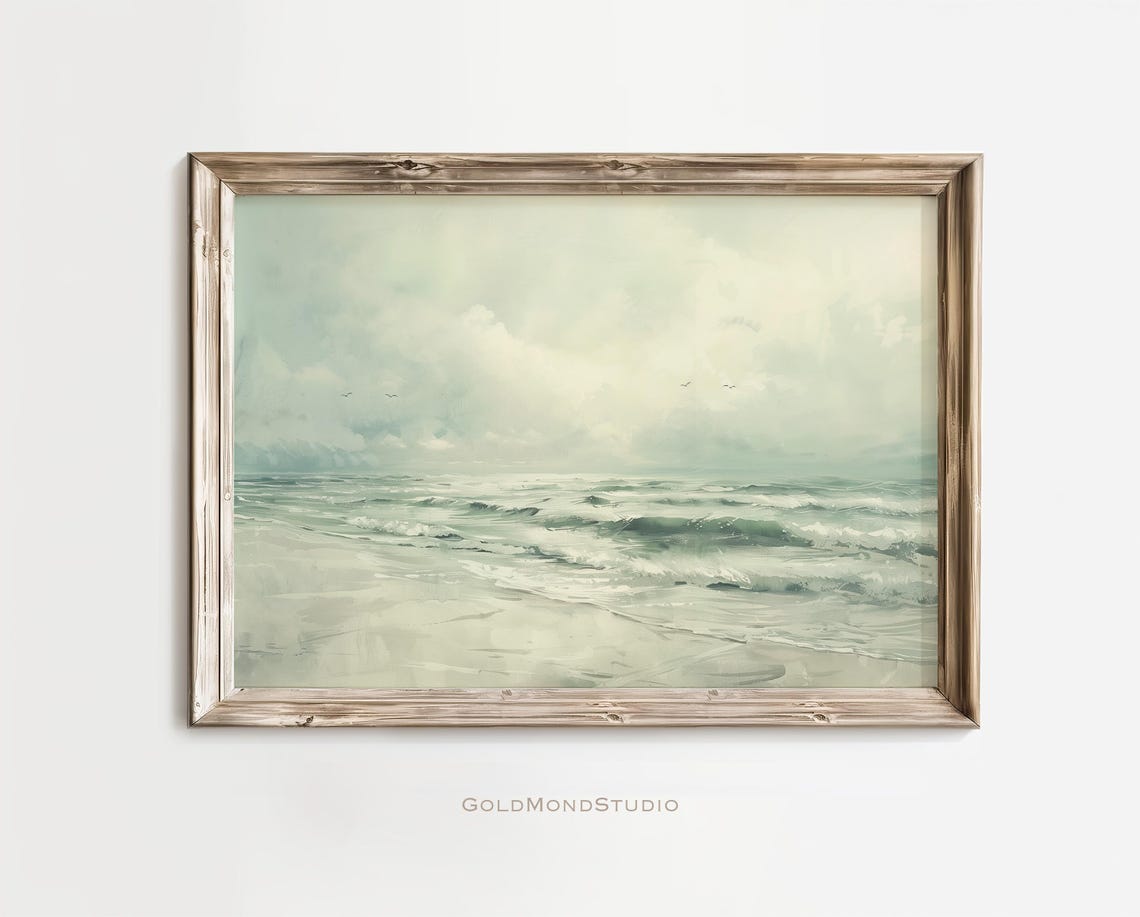 Misty Green Ocean Waves With Seabirds Seascape Painting Poster