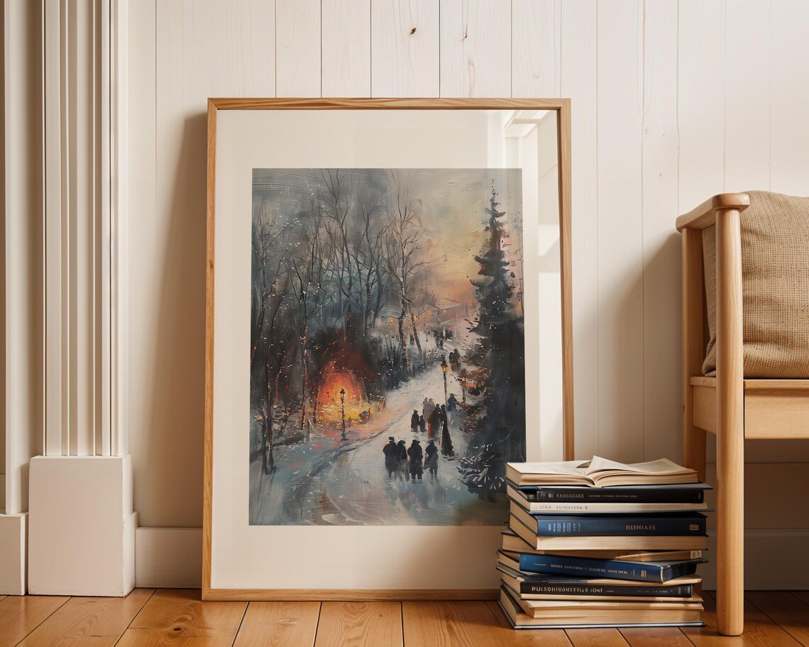 Snowy Winter Village Street At Dusk Oil Painting Style Poster - Image 2