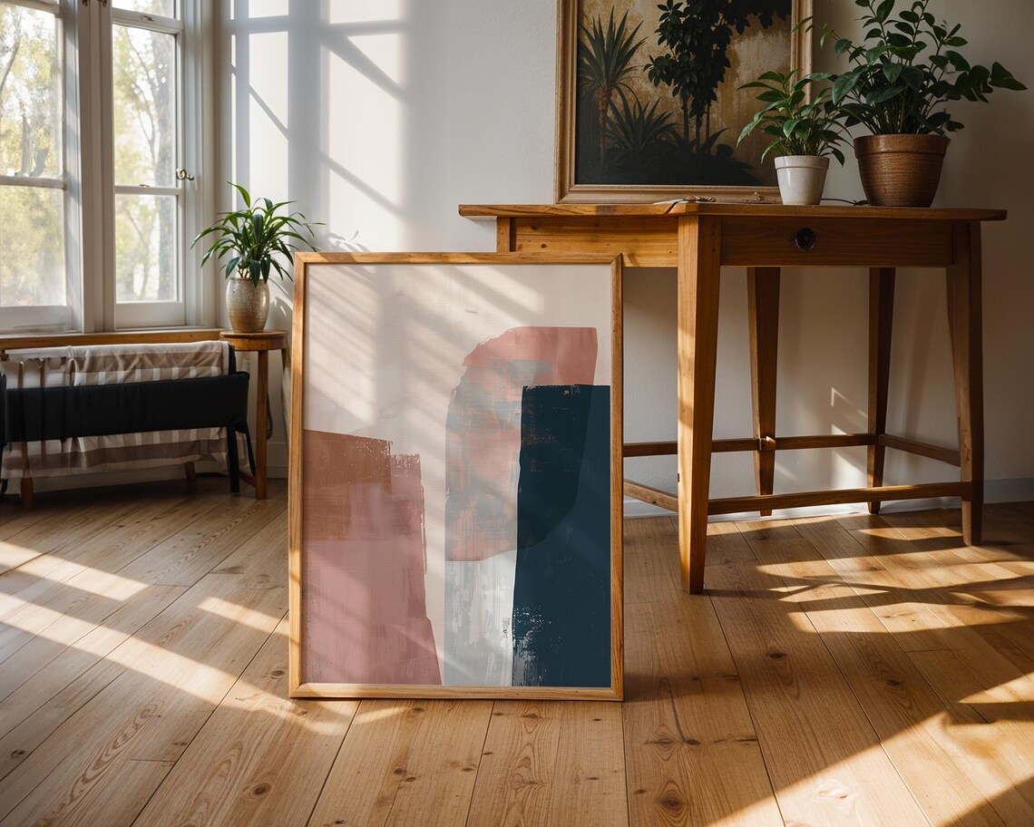 Dusty Rose and Navy Minimalist Geometric Abstract Art Poster - Image 2