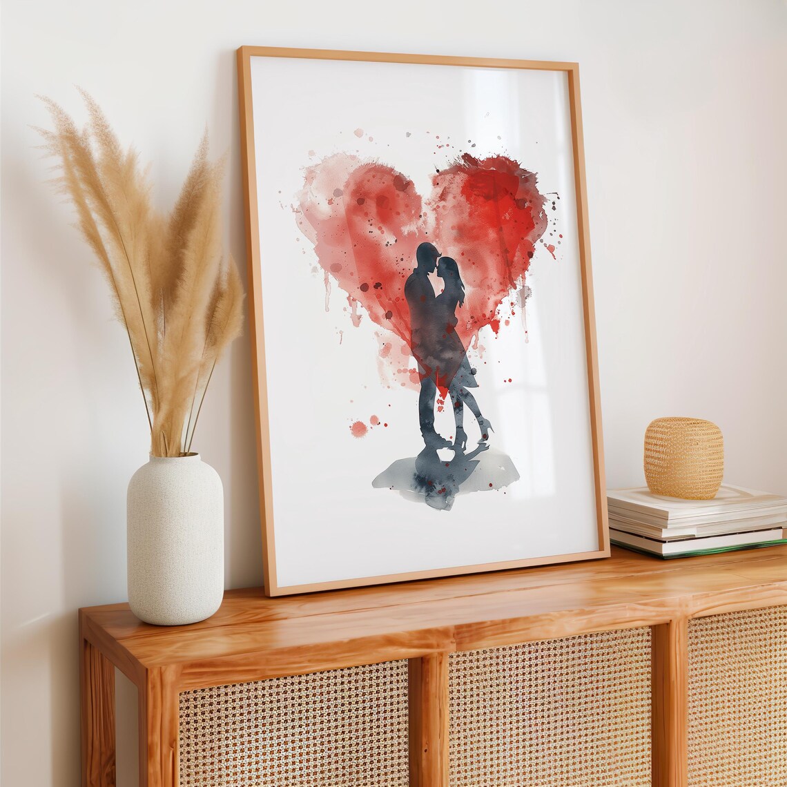Romantic Couple Silhouette Before Red Watercolor Heart Poster - Image 3