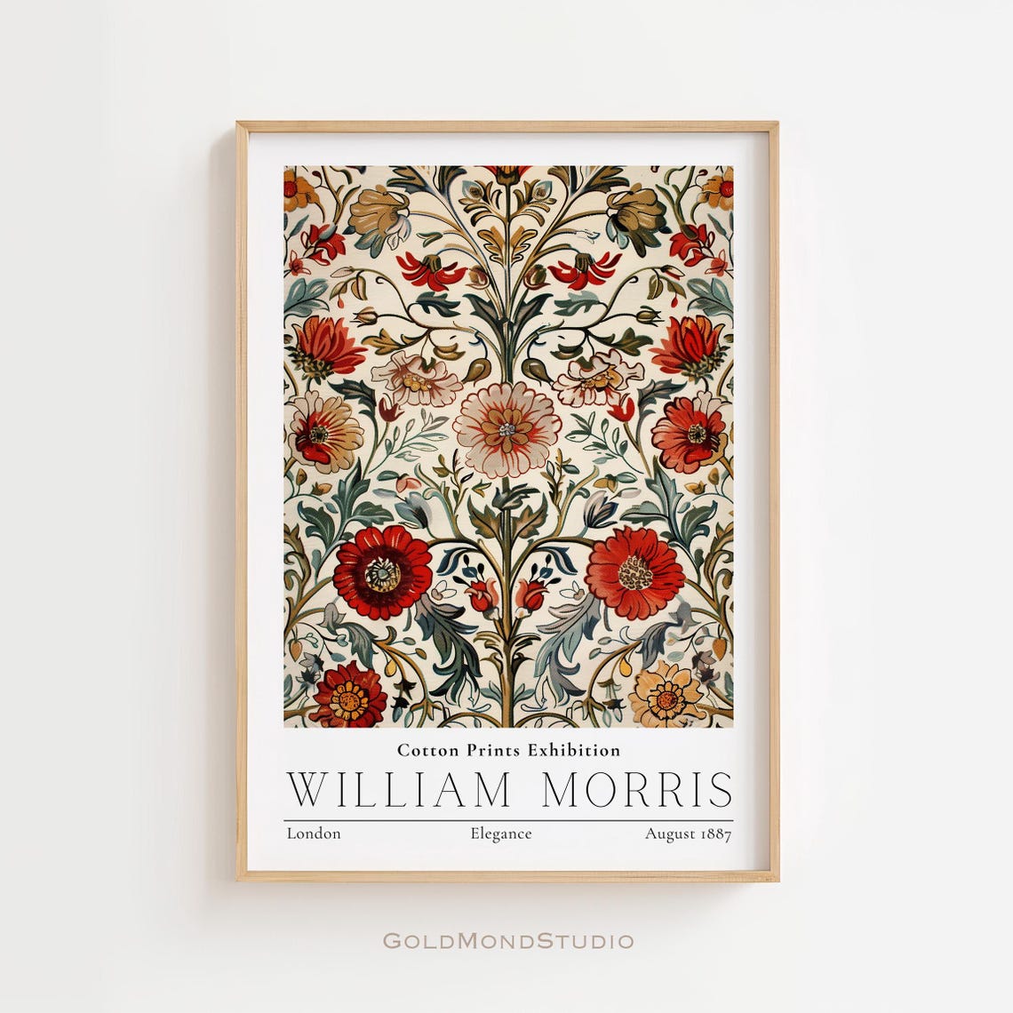 William Morris Elegance Red Bloom Vintage Cotton Exhibition Poster
