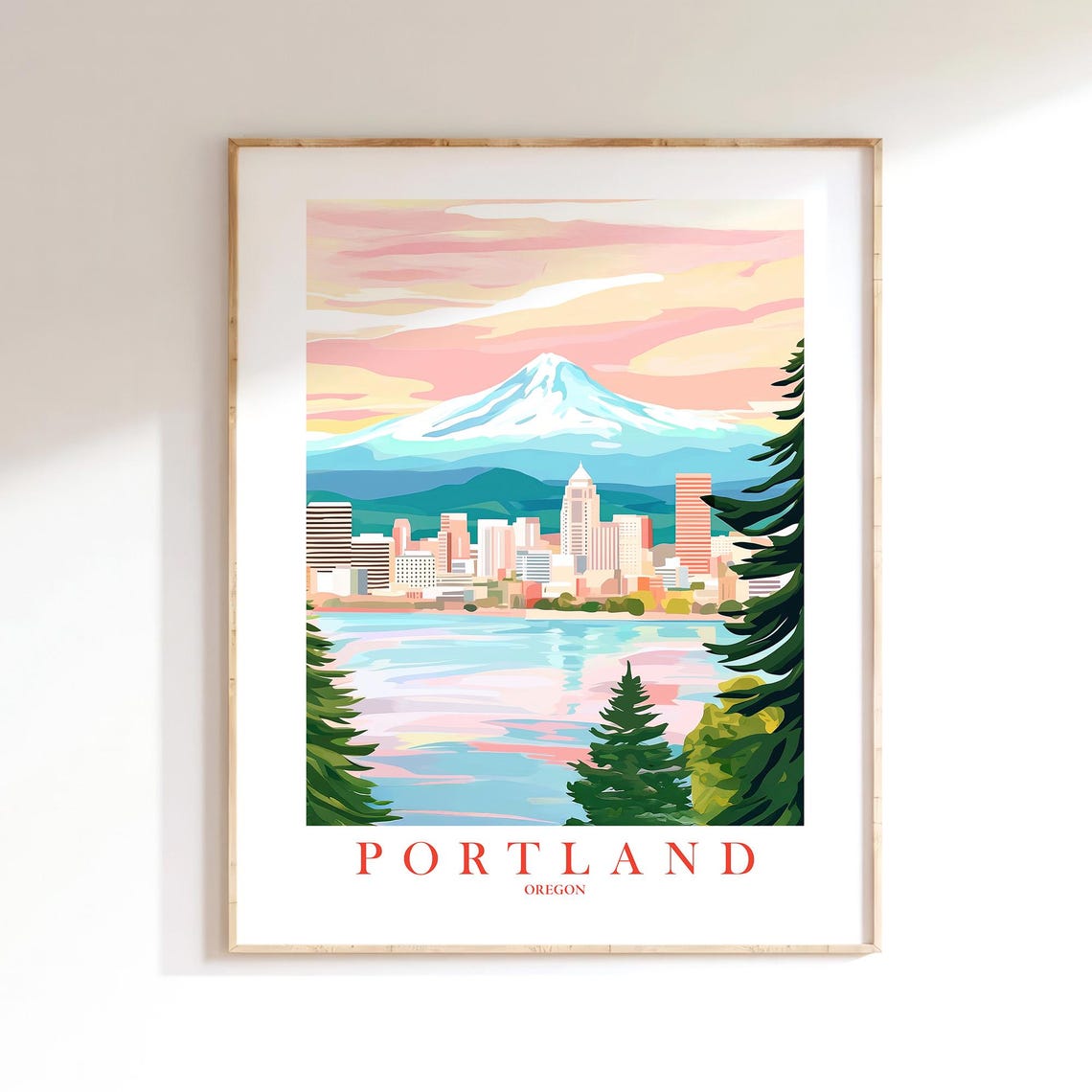 Portland Oregon Skyline with Mount Hood Sunset Travel Poster