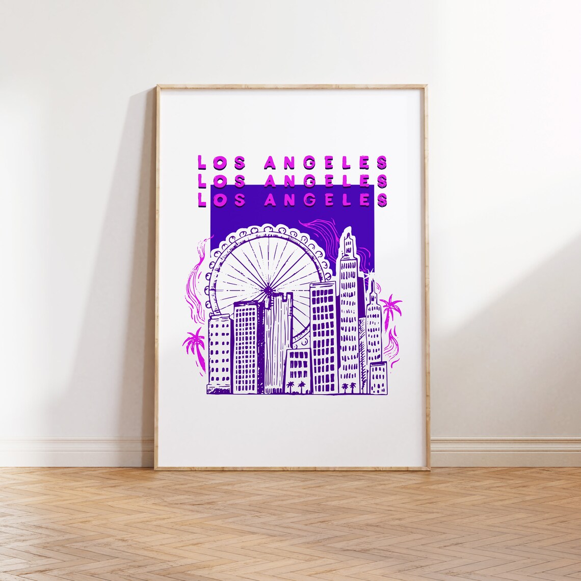 Los Angeles Pop Art Poster Pink Purple Skyline Ferris Wheel Design