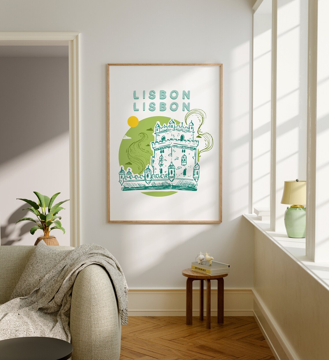 Belem Tower Lisbon Portugal Green Hand Drawn Illustration Poster - Image 2
