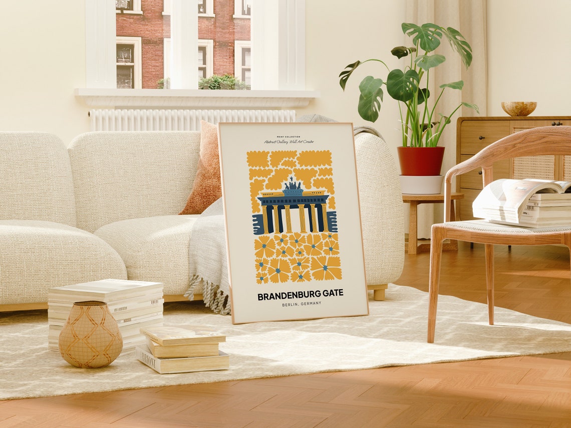 Brandenburg Gate Berlin Germany Mustard Yellow Floral Art Poster - Image 3