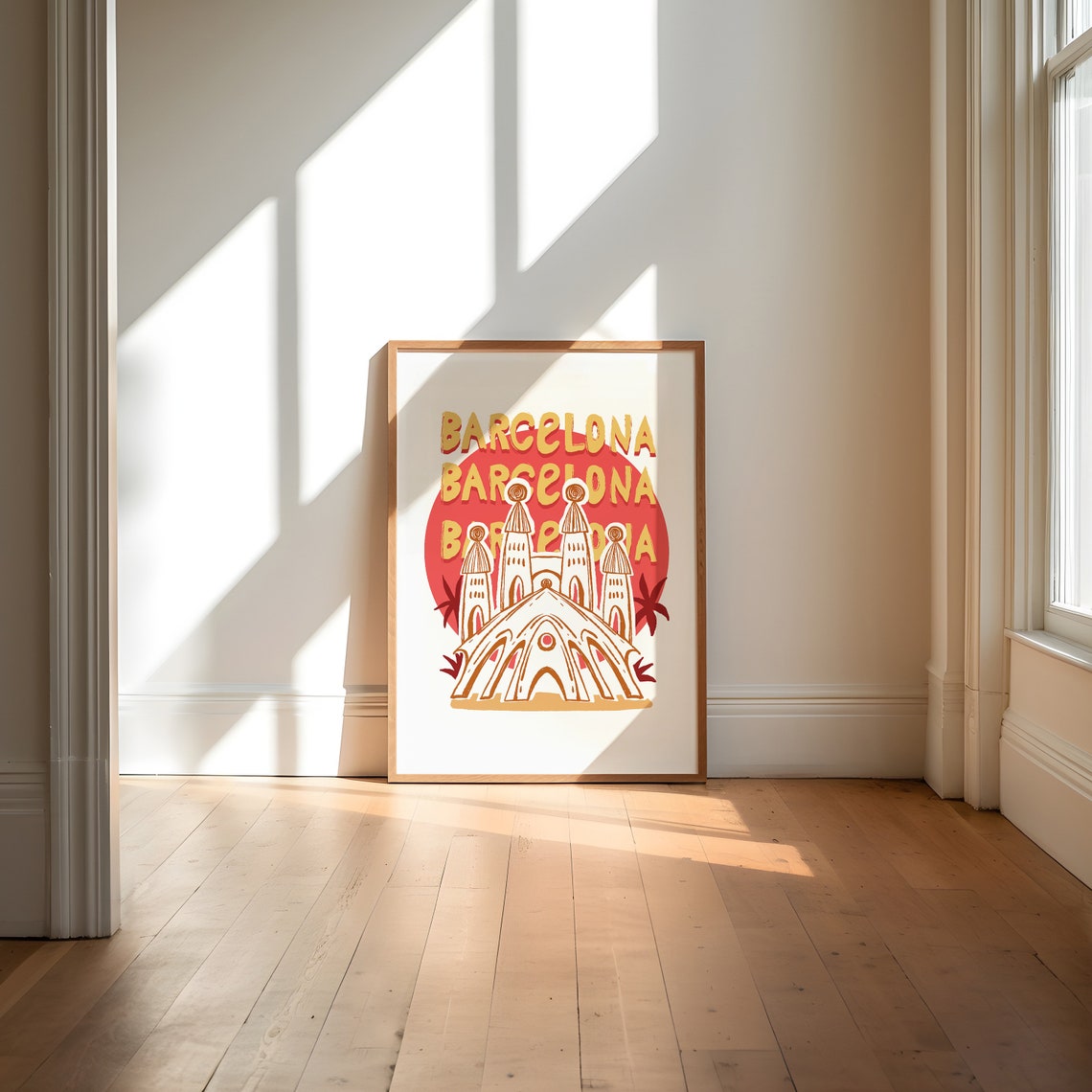 Barcelona Spain Gaudi Inspired Basilica Red Sun Travel Art Poster - Image 3