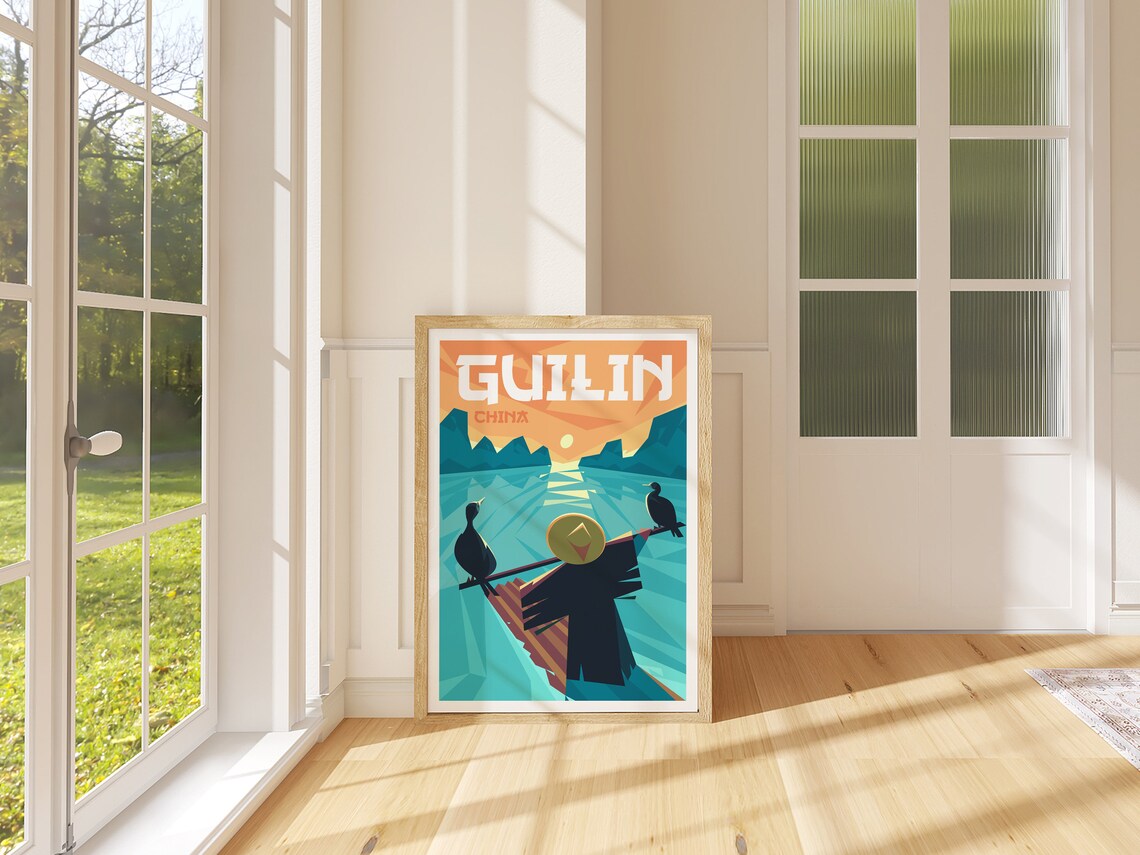Guilin China Cormorant Fisherman Sunset Geometric Travel Poster - Image 4