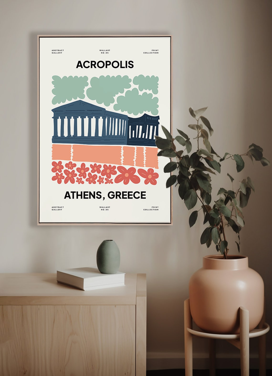 Acropolis Athens Greece Temple Columns Floral Art Style Poster - Image 3