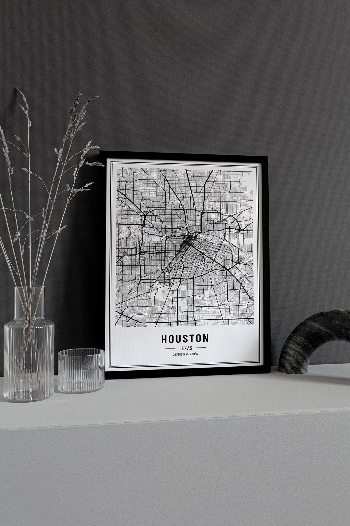 Houston Texas Modern Black and White Minimalist City Map Poster - Image 3