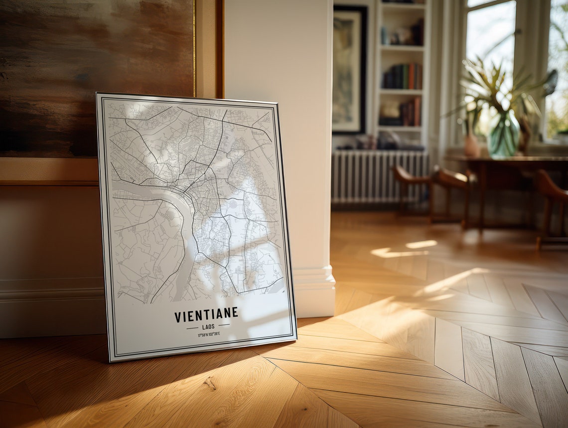 Vientiane Laos Minimalist Black White City Map Coordinates Art Print - Image 4