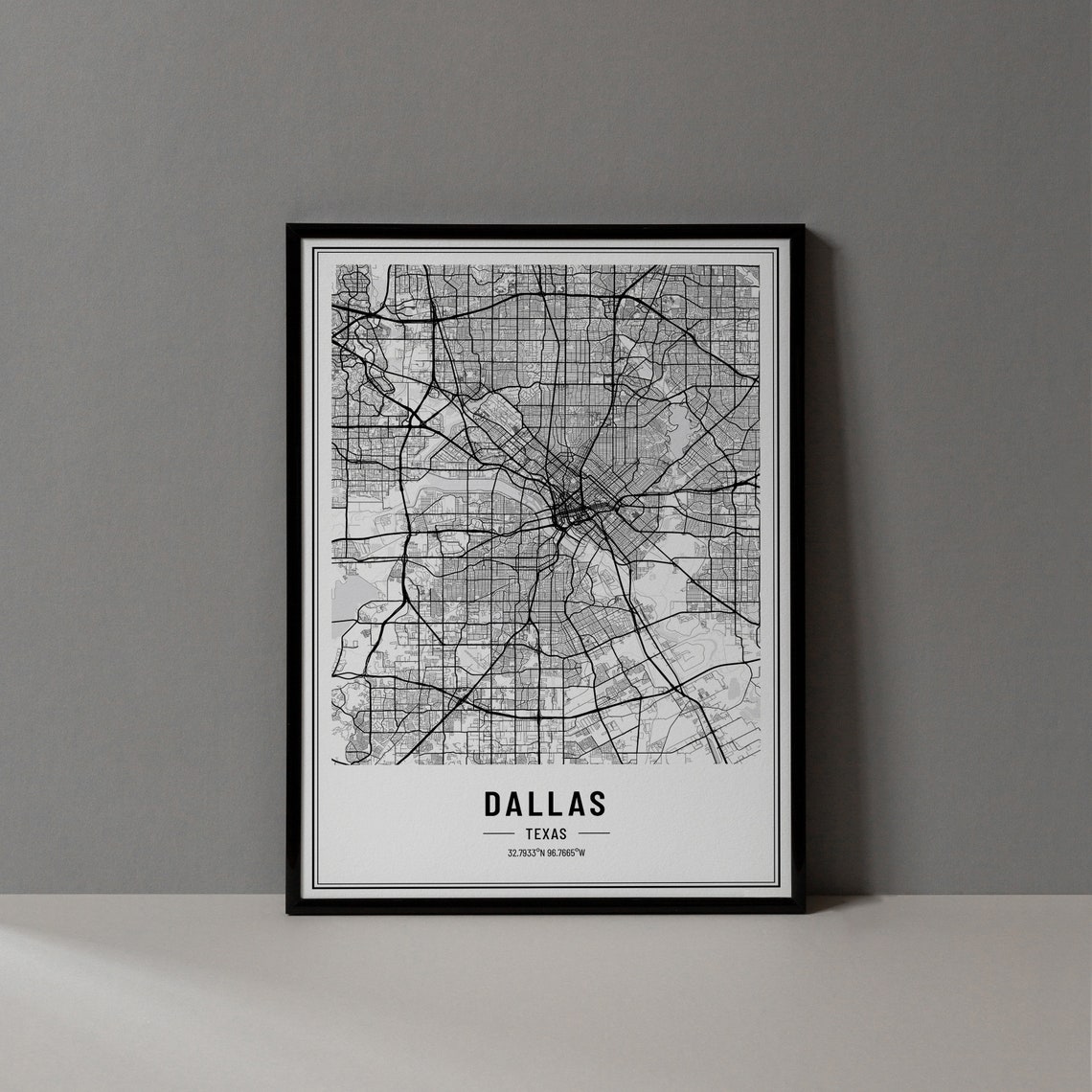 Dallas Texas Modern Black and White Minimalist City Map Poster