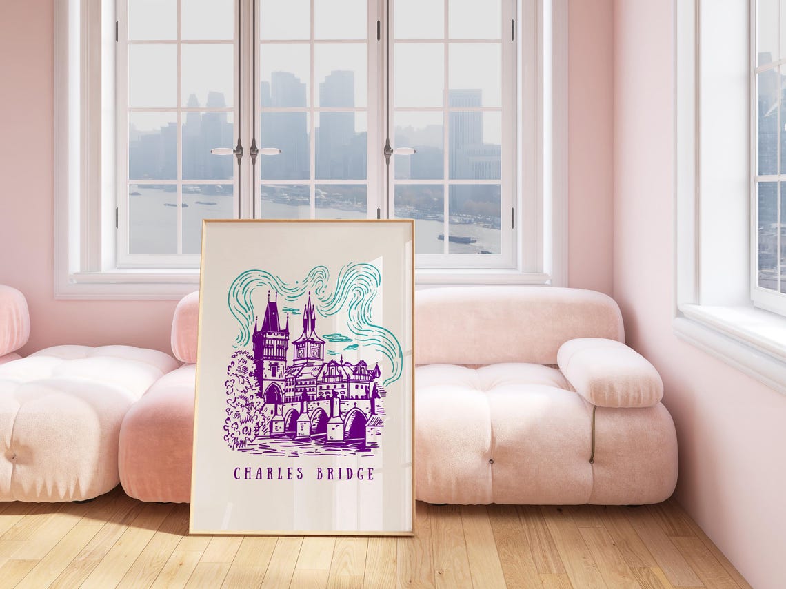 Charles Bridge Prague Hand Drawn Purple Illustration Art Poster - Image 5