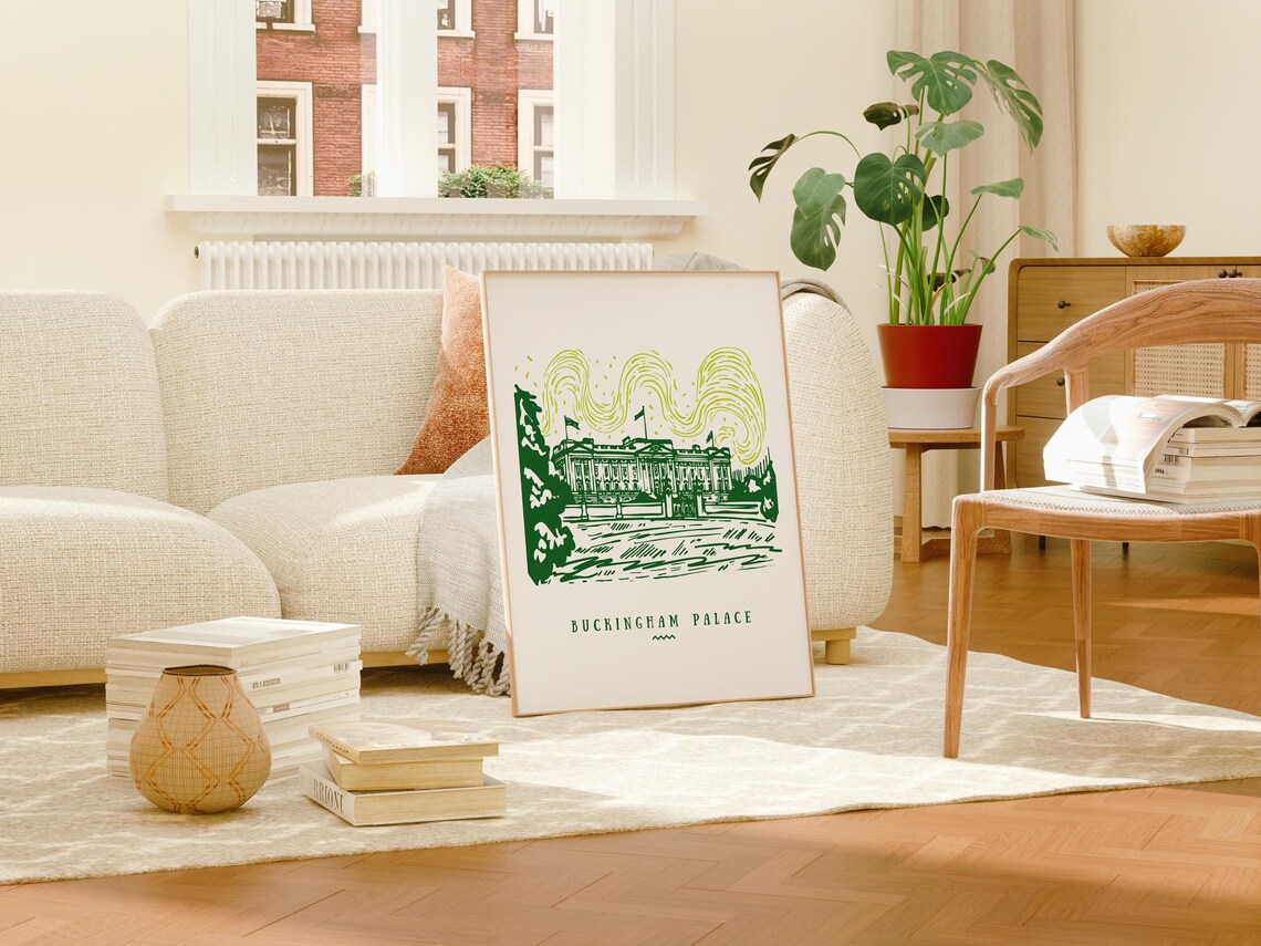 Buckingham Palace London Green Hand Drawn Illustration Poster - Image 4