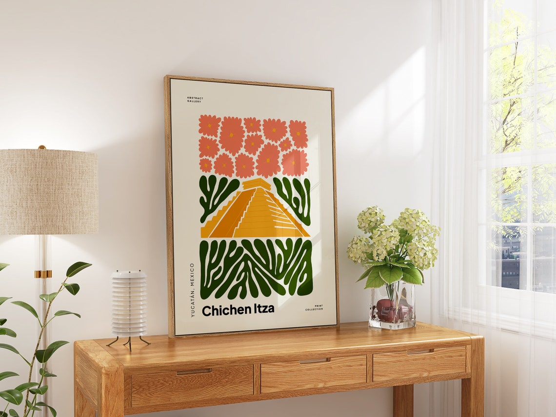 Chichen Itza Mexico Abstract Art Print Pyramid Botanical Design - Image 5