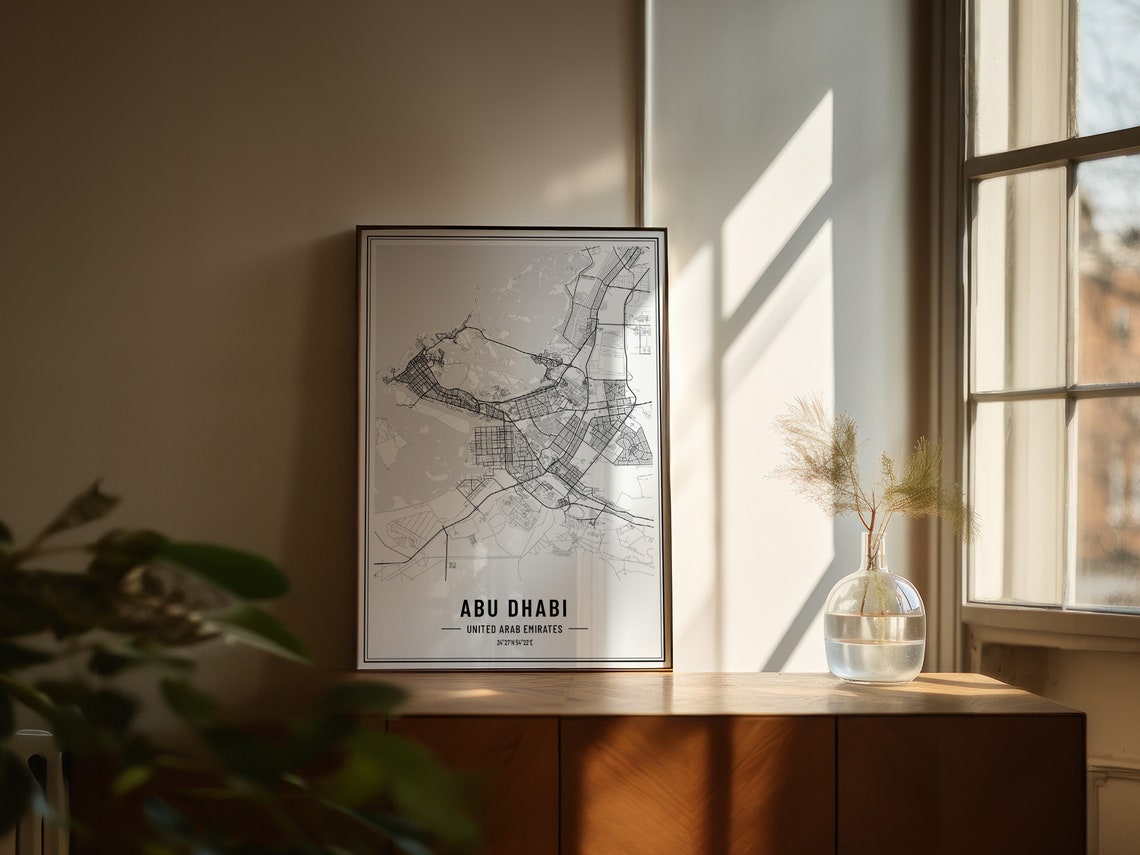 Abu Dhabi UAE Minimalist Black White City Street Map Art Poster - Image 3
