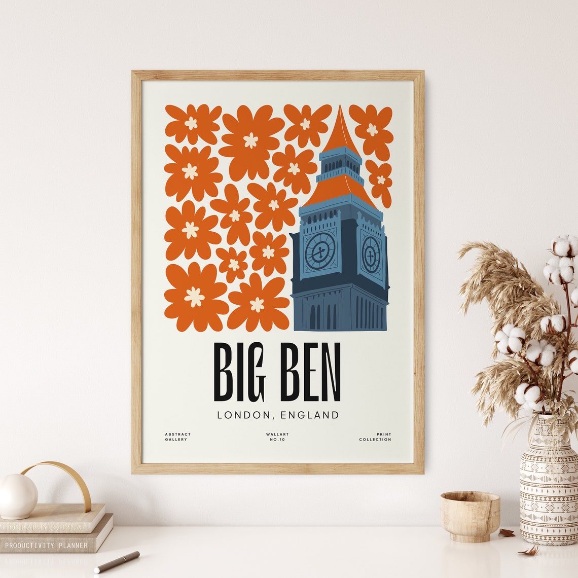 Big Ben London England Bold Orange Floral Abstract Art Poster - Image 3