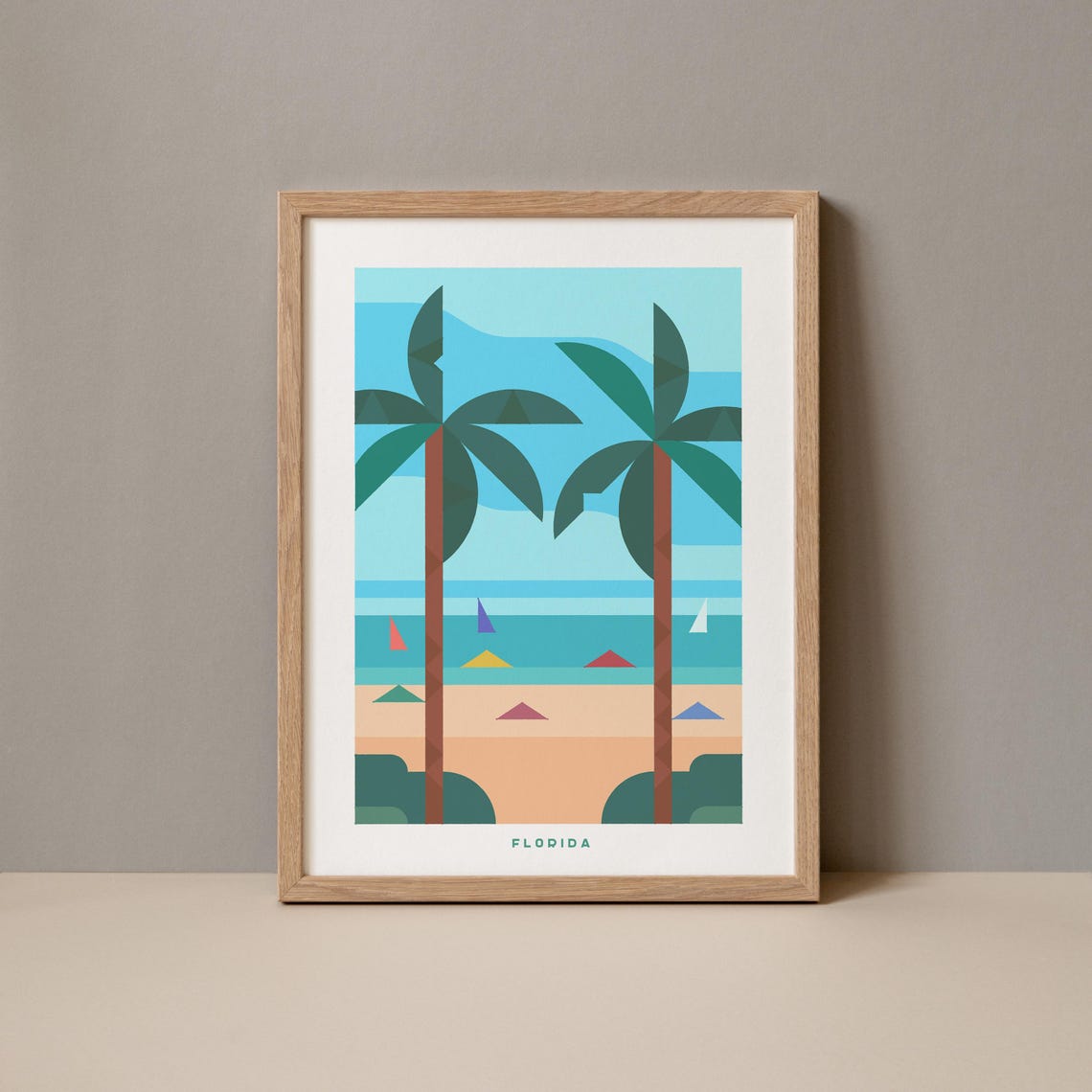 Florida Beach Geometric Art Print Palm Trees Sailboats Retro Style
